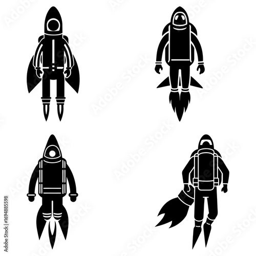 Four black and white astronaut icons with jetpacks and rocket boots in various flying positions on white