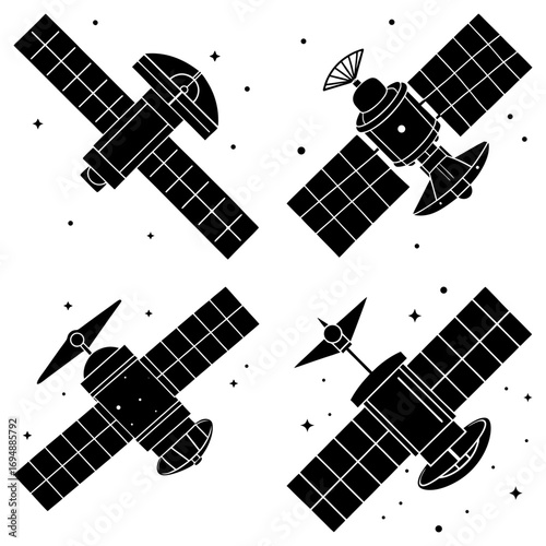 Four black and white satellites with solar panels and antennas floating in space with stars around them