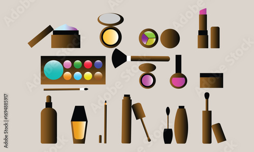 Assortment of colorful cosmetic products arranged on a neutral background surface
