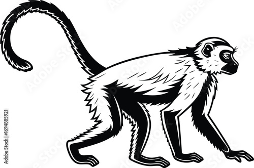 Stylized Black and White Monkey Illustration Side View Crawling Forward