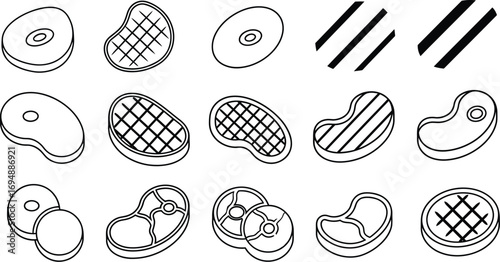 Stylized collection of raw meat cuts and grill marks in outline style