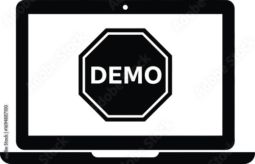 Laptop displaying a black and white stop sign with the word 'DEMO' inside, signifying a placeholder or test screen.