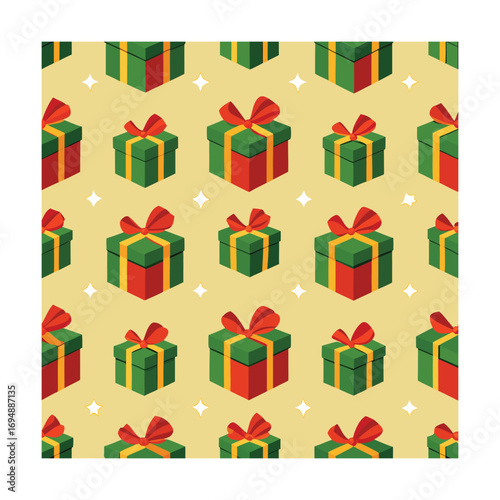 Repeating pattern of green gift boxes with red bows and stars