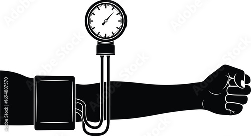Close-up of a person's arm being measured for blood pressure with a sphygmomanometer.