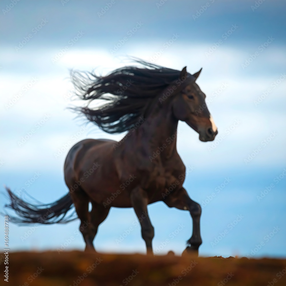 Obraz premium Majestic horse in motion against a cloudy sky