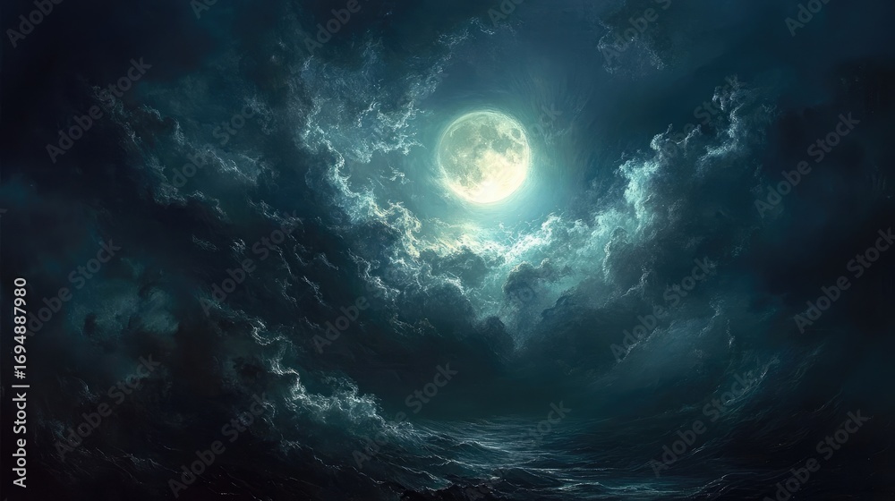 Fototapeta premium Full moon surrounded by thick dark clouds at night, opening in clouds reveals illuminated lunar surface with visible texture and contrast, creating a moody atmospheric scene. Generative by AI