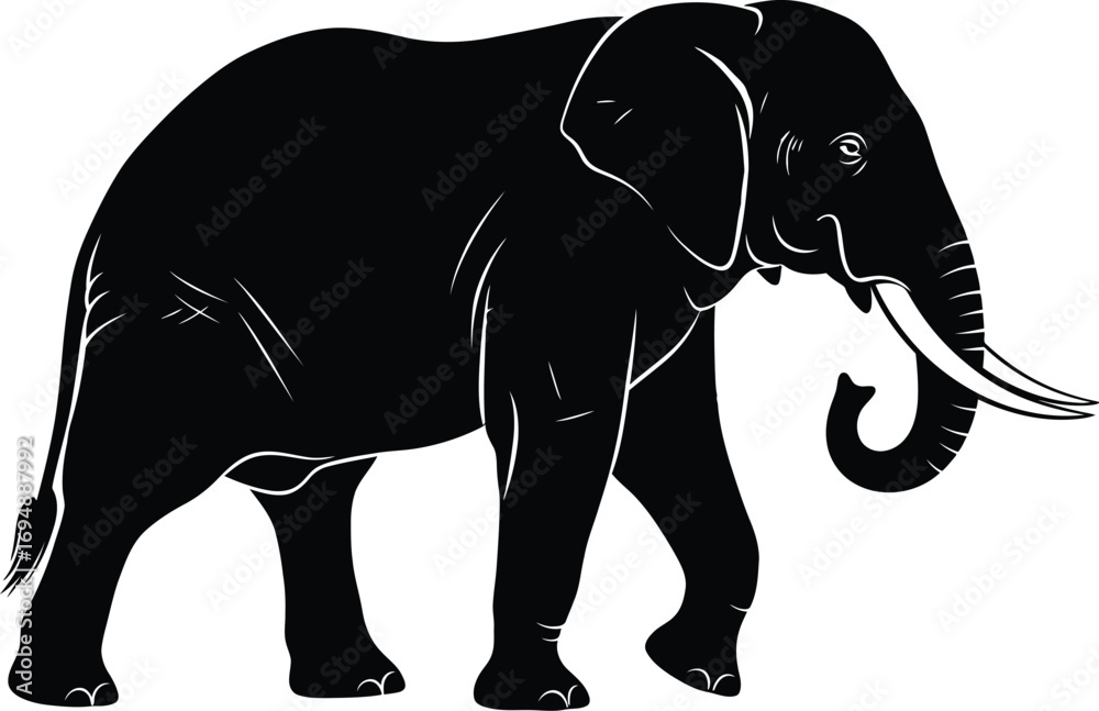 Fototapeta premium Majestic elephant silhouette walking gracefully in profile, showcasing its powerful form and tusks.