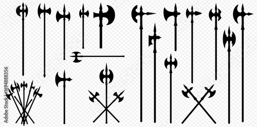 A collection of black silhouette illustrations depicting various medieval axes, halberds, and polearms in different arrangements on a transparent background.