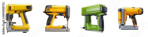 Four Different Types of Modern Electric Staple Guns and Nail Guns isolated on transparent background.
