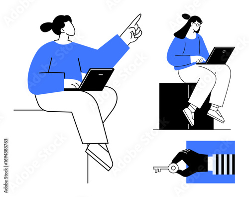 Individuals working on laptops, one pointing upward, a hand holding a key. Ideal for teamwork, access, creativity, digital learning, problem-solving goal-setting innovation. Simple flat metaphor