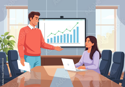 Vector art of business meeting in a conference room with a man presenting a growth chart on a screen to a woman using a laptop