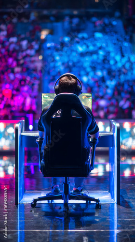 A gamer concentrates intensely on their screen amidst a lively esports tournament.