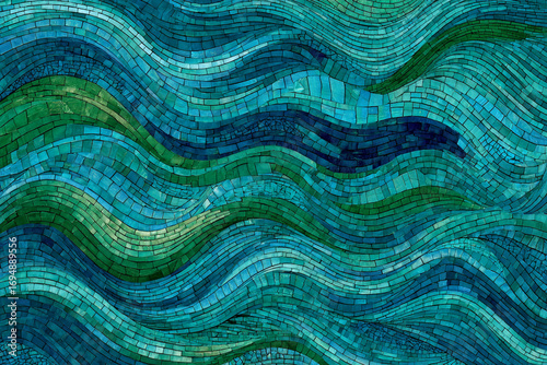 Fototapeta Naklejka Na Ścianę i Meble -  Abstract mosaic artwork depicting flowing waves in shades of teal green and blue