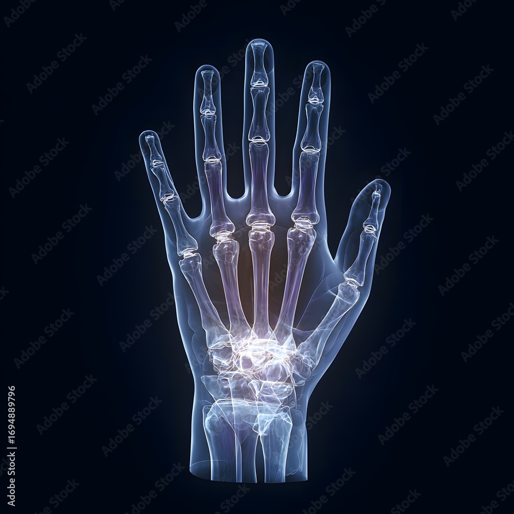 Naklejka premium x-ray overlay of a human hand showing bones, joints, and skeletal structure on dark background