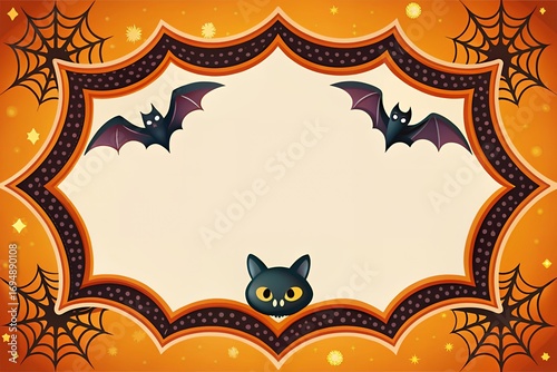 Whimsical halloween frame with bats black cat and spooky spiderwebs