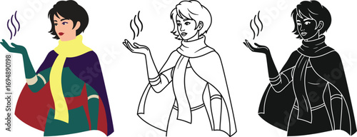 Enchanting woman conjures magical smoke from her hand with a mystical aura