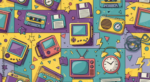 Colorful illustration seamless pattern of retro vintage gadgets including cassette tapes, cameras, floppy disks, radios, alarm clocks, and old TVs, perfect for nostalgic design, pop culture