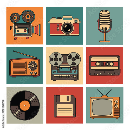 Colorful illustration icon set of retro vintage media devices including camera, cassette, vinyl record, reel-to-reel, radio, TV, microphone, and floppy disk, for nostalgic design and pop culture