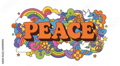 Colorful psychedelic illustration of the word peace with rainbows, flowers, doves, and stars in retro 70s hippie style, perfect for posters, fashion prints, and creative design projects
