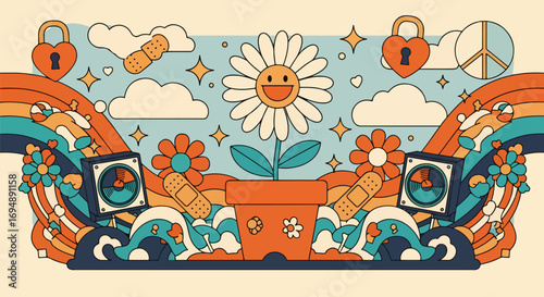 Psychedelic illustration of a smiling daisy in a flower pot with rainbows, locks, bandages, and speakers, inspired by retro 70s hippie art, perfect for posters, music, and creative designs