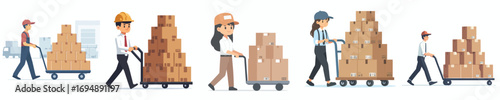 vector of a warehouse employee pushing a trolley