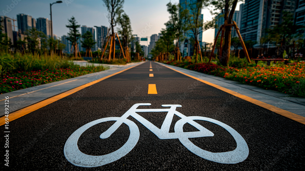 Obraz premium Empty bike lane with white bicycle symbol in modern city park surrounded by trees, flowers and tall buildings