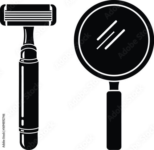 Close-up silhouette of a shaving razor and a magnifying glass on white background