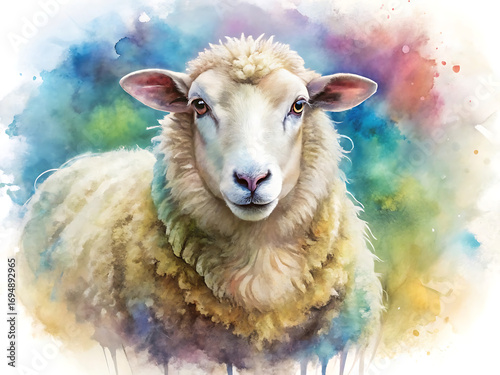 Wallpaper Mural Watercolor painting of a fluffy sheep standing in a colorful field isolated on white background Torontodigital.ca