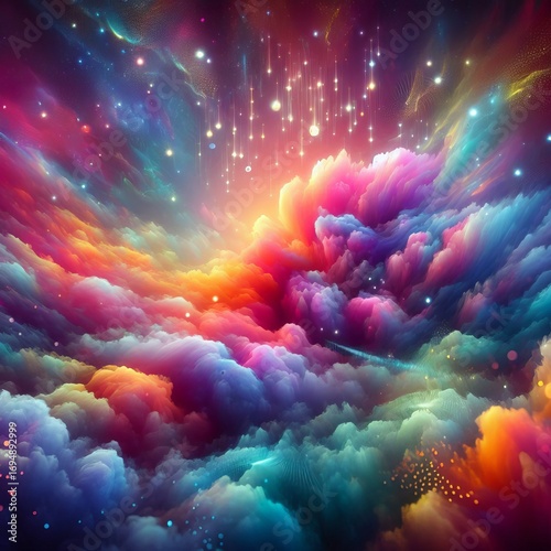 Surreal cloudscapes blending neon gradients and holographic part