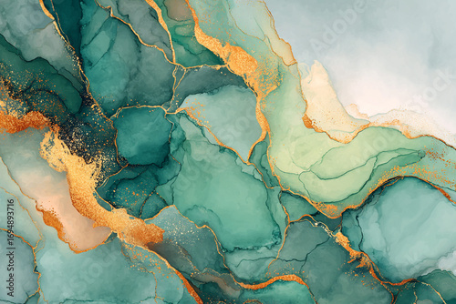 Abstract green and gold artwork fluid art painting texture background design