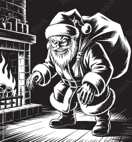 A dramatic black and white illustration depicts a terrifying Santa Claus figure.