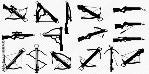 A diverse collection of black crossbow weapon silhouettes displayed from multiple angles against a transparent background.