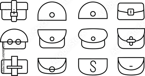 Collection of simple outline icons representing various styles of handbags and purses