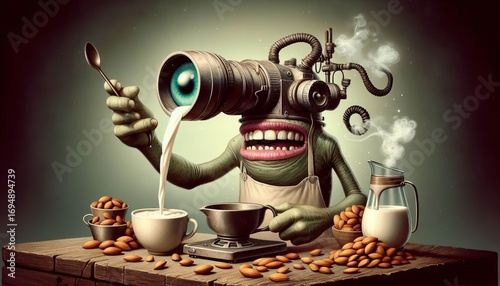 A cyclops as a barista steaming almond milk with a single mechan