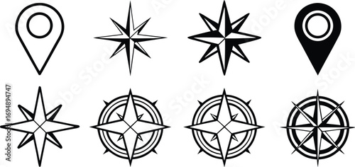 Collection of eight black and white hand drawn icons representing navigation and location including compass roses and map pin markers for travel and exploration concepts