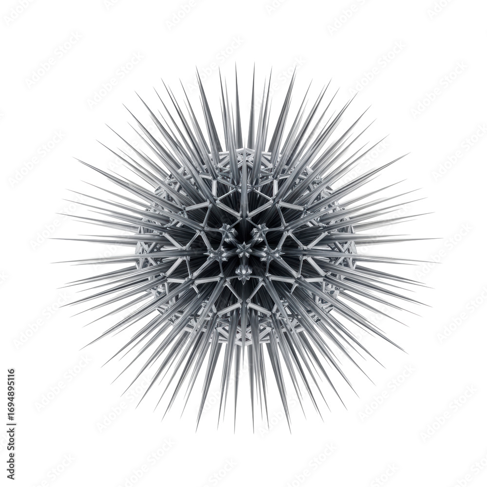 Fototapeta premium A photorealistic macro shot of a single, shimmering silver geometric fireworks burst with crystalline forms and cool glow, against a transparent background with soft studio light. Concept of