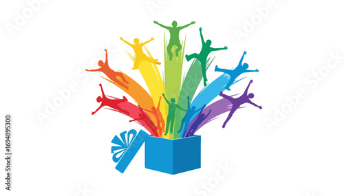 Colorful people exploding from a blue box representing diversity and creativity.