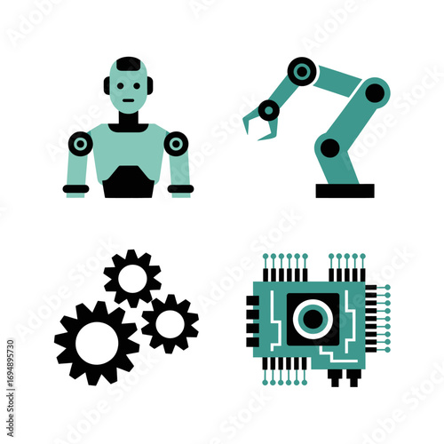 Robotic elements showcase a robot arm gears and circuit board in a modern minimalist style ideal for technology automation and engineering themed designs and presentations