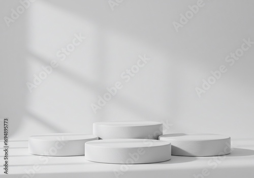 Minimalist White Podium Display with Geometric Window Shadow for Product Showcase