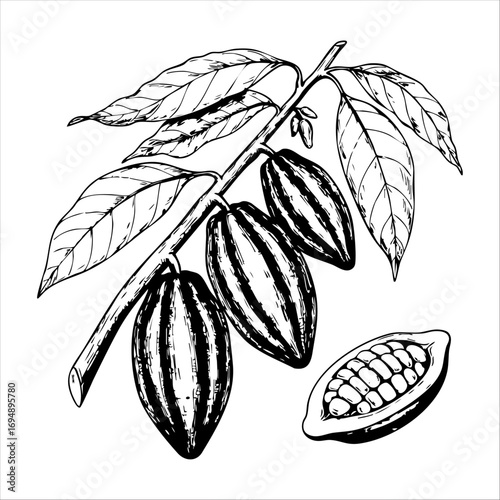 A detailed illustration of cacao tree branches with cacao pods and a seed section