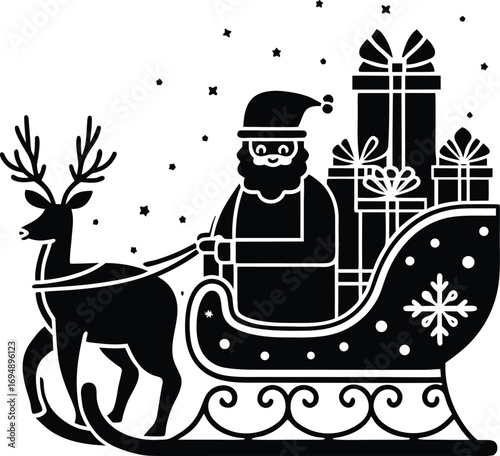 A black and white drawing of a santa holding a gift