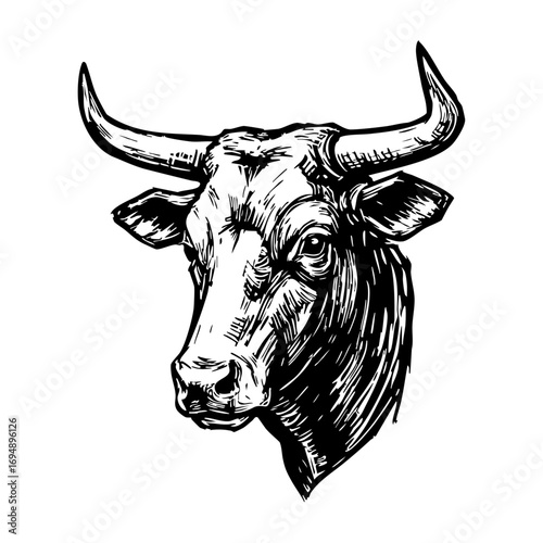 A detailed monochrome illustration of a bull's head, showcasing the power and majesty of the animal.