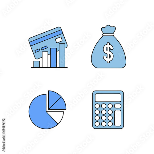 Financial icons featuring a credit card with rising graph money bag pie chart and calculator representing business investment and accounting concepts in a modern design