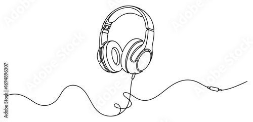 Minimalist single line drawing of headphones with cord.