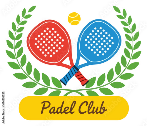 Padel Club Rackets and Ball Emblem with Laurel Wreath.