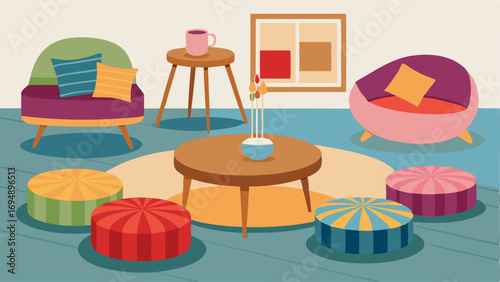 A mix of colorful floor cushions and vintage mismatched chairs surrounding a low wooden coffee table.