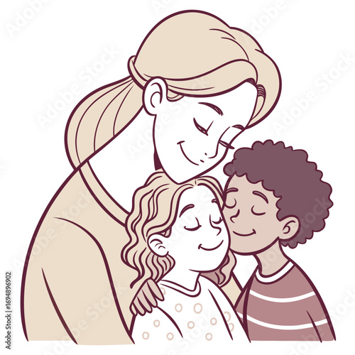 Heartwarming line art illustration of a mother lovingly embracing her diverse son and daughter in a tender hug