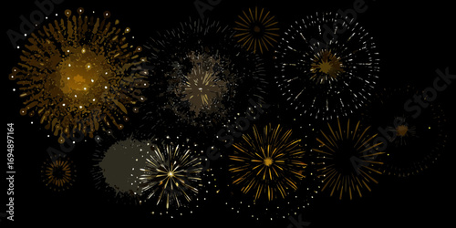 A collection of golden and brown fireworks bursting in the night sky