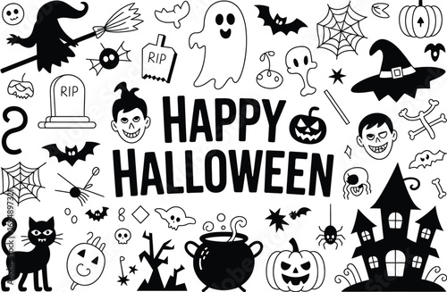 Whimsical hand-drawn Halloween icons and lettering for festive celebration