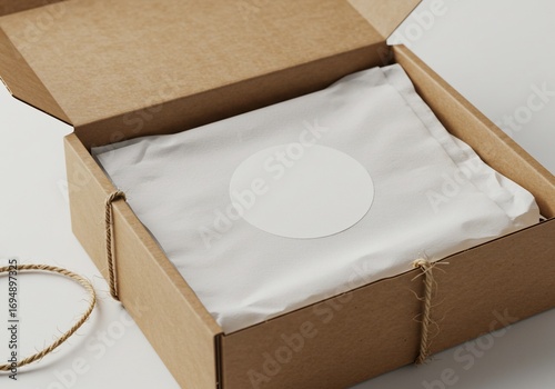 Open cardboard box with white tissue paper and a blank round sticker tied with twine